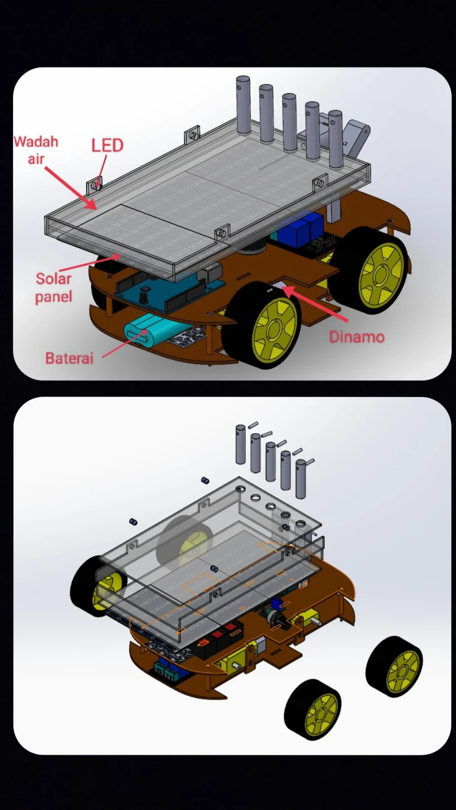 SolidWorks model, assembled and exploded: water container, LEDs, solar panel, battery, and dynamo on a 4-wheel chassis