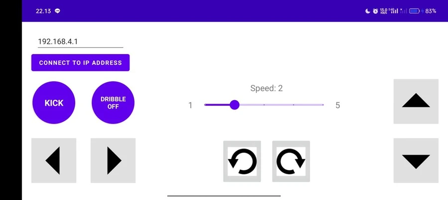 Phone controller app: connect by IP address, drive, rotate, kick, dribble, and speed levels 1 to 5