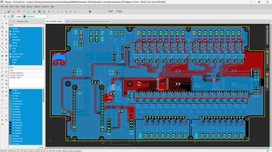 PCB layout of the ESP32 industrial I/O controller board (co-designed, shared with the wind turbine kit), with Modbus, digital inputs and outputs