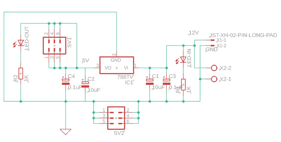 PDB schematic: 12 V in, 5 V regulator, 12 V and 5 V outputs, input and output indicator LEDs